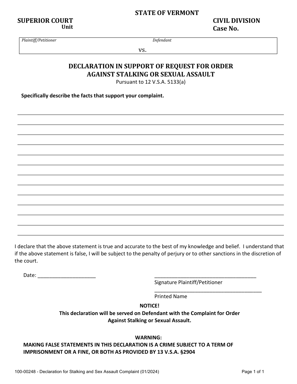 Form 100-00248 Declaration in Support of Request for Order Against Stalking or Sexual Assault - Vermont, Page 1