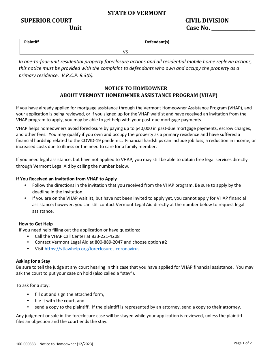 Form 100-000333 Notice to Homeowner About Vermont Homeowner Assistance Program (Vhap) - Vermont, Page 1