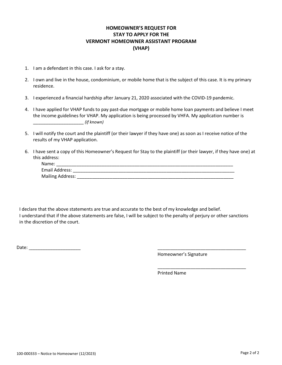 Form 100-000333 Notice to Homeowner About Vermont Homeowner Assistance Program (Vhap) - Vermont, Page 2