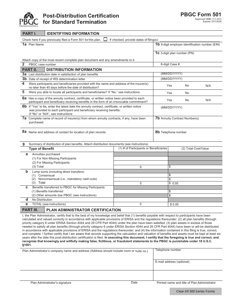 PBGC Form 501 Post-distribution Certification for Standard Termination, Page 1
