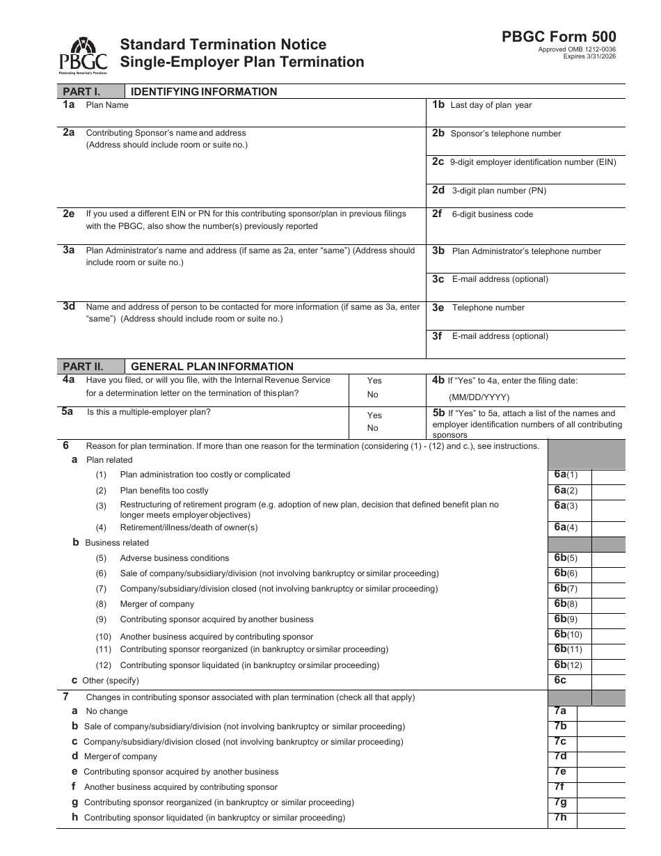 PBGC Form 500 Standard Termination Notice Single-Employer Plan Termination, Page 1