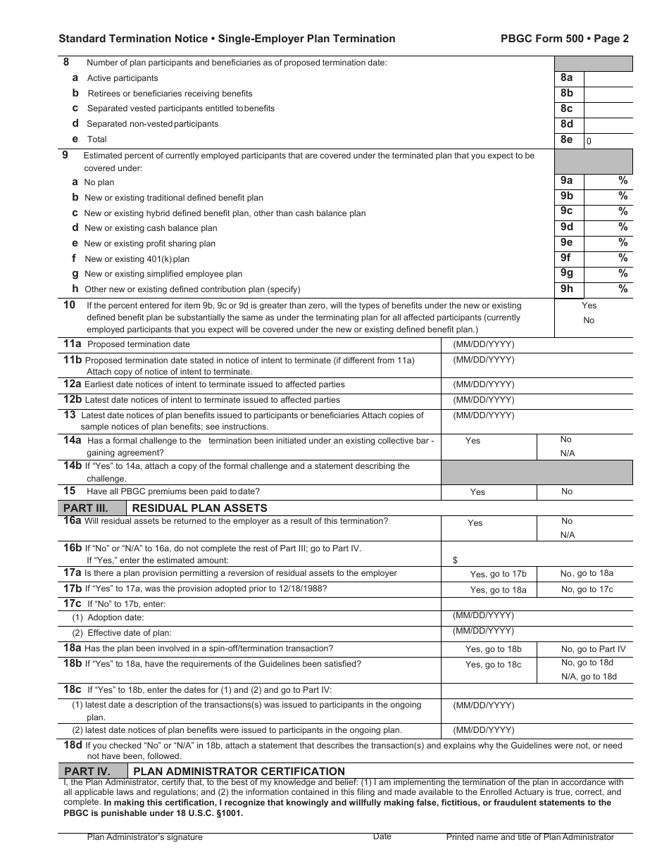 PBGC Form 500 Standard Termination Notice Single-Employer Plan Termination, Page 2