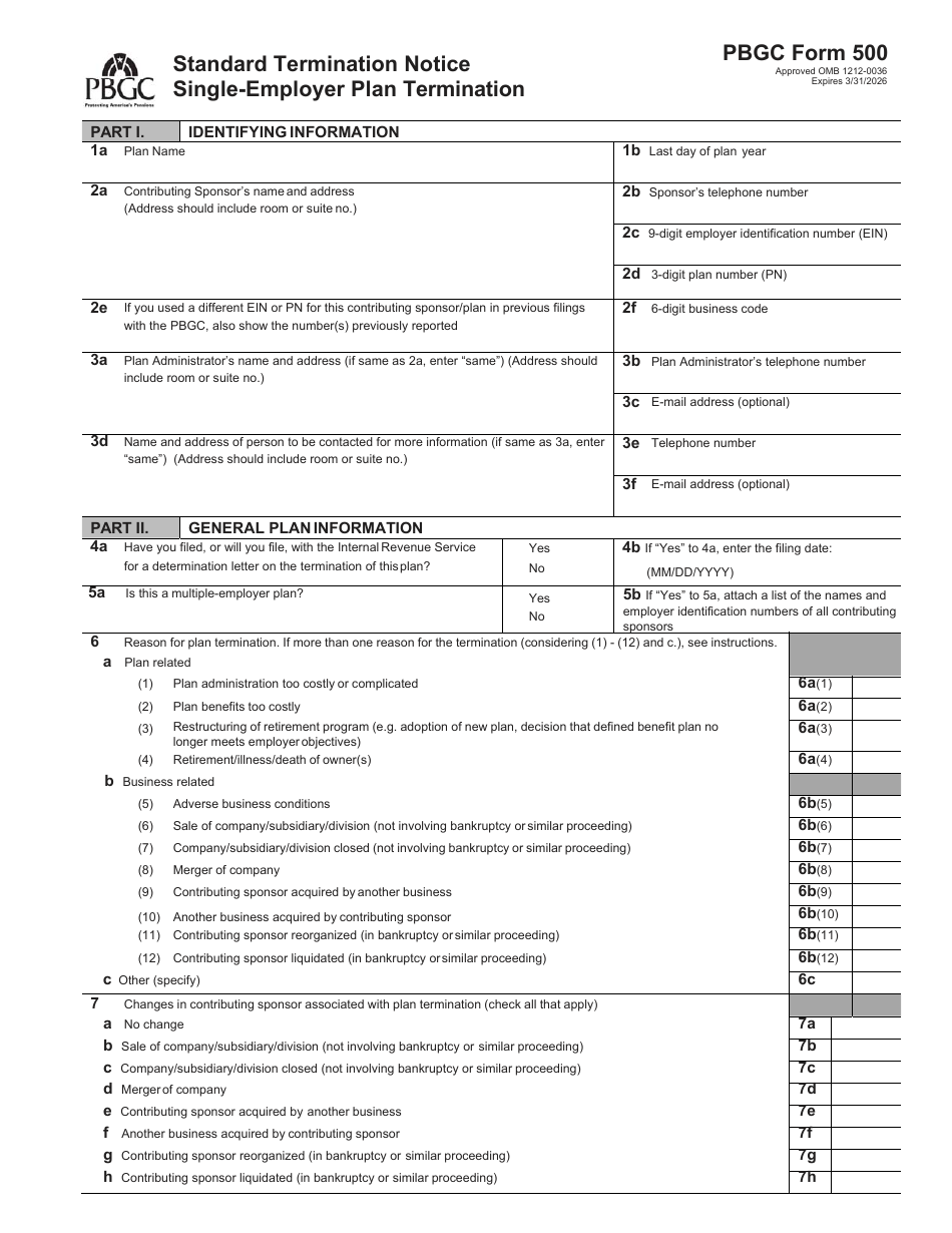 PBGC Form 500 Fill Out, Sign Online and Download Fillable PDF