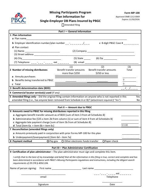 Form MP-100 Plan Information for Single-Employer Db Plans Insured by PBGC - Missing Participants Program