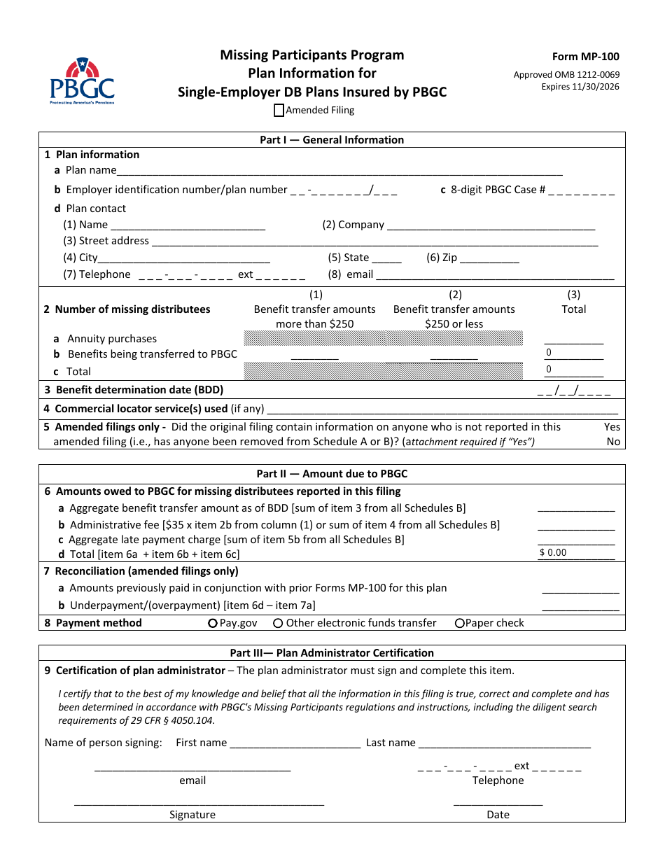 Form MP-100 Plan Information for Single-Employer Db Plans Insured by PBGC - Missing Participants Program, Page 1