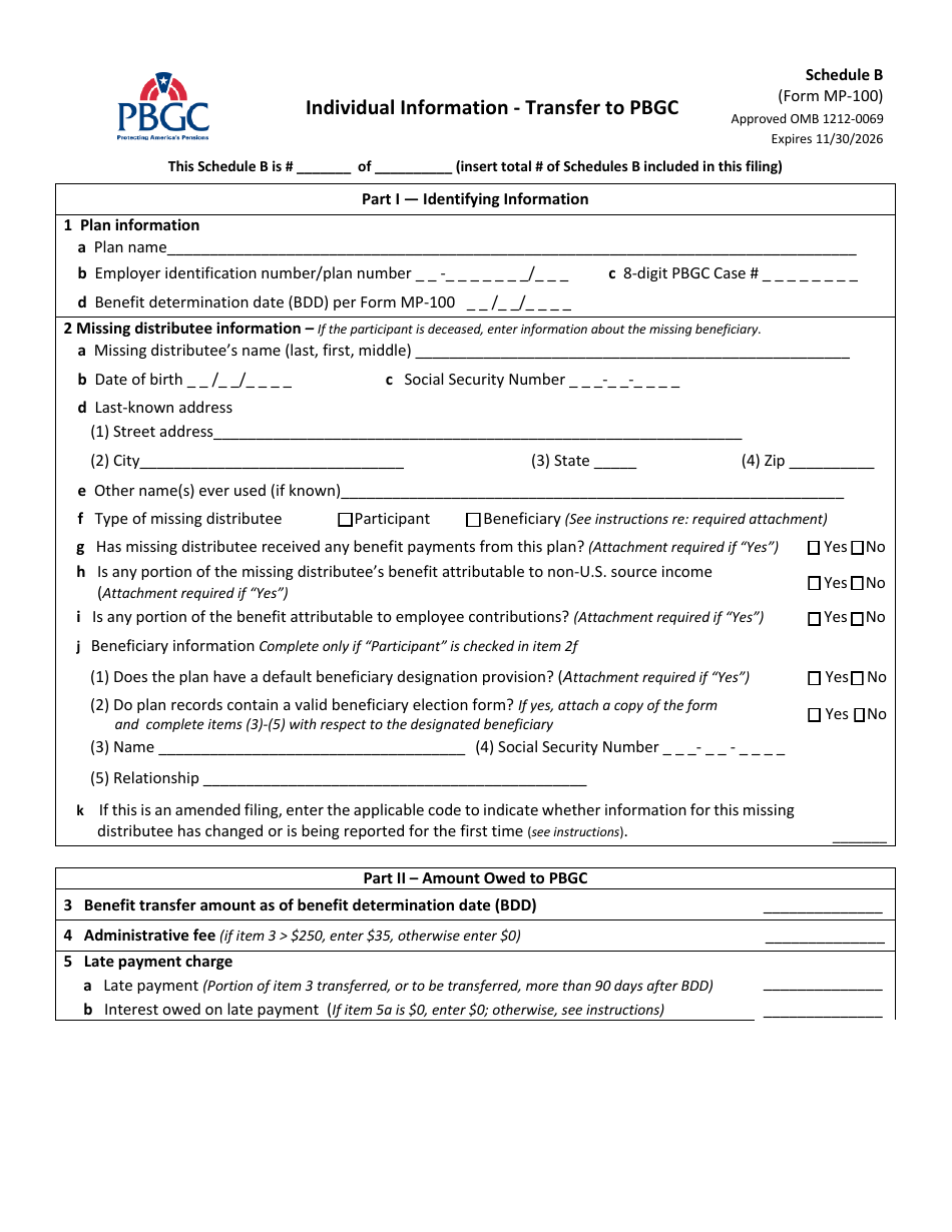 Form MP-100 Plan Information for Single-Employer Db Plans Insured by PBGC - Missing Participants Program, Page 3