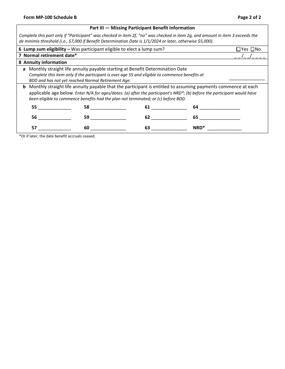 Form MP-100 Plan Information for Single-Employer Db Plans Insured by PBGC - Missing Participants Program, Page 4
