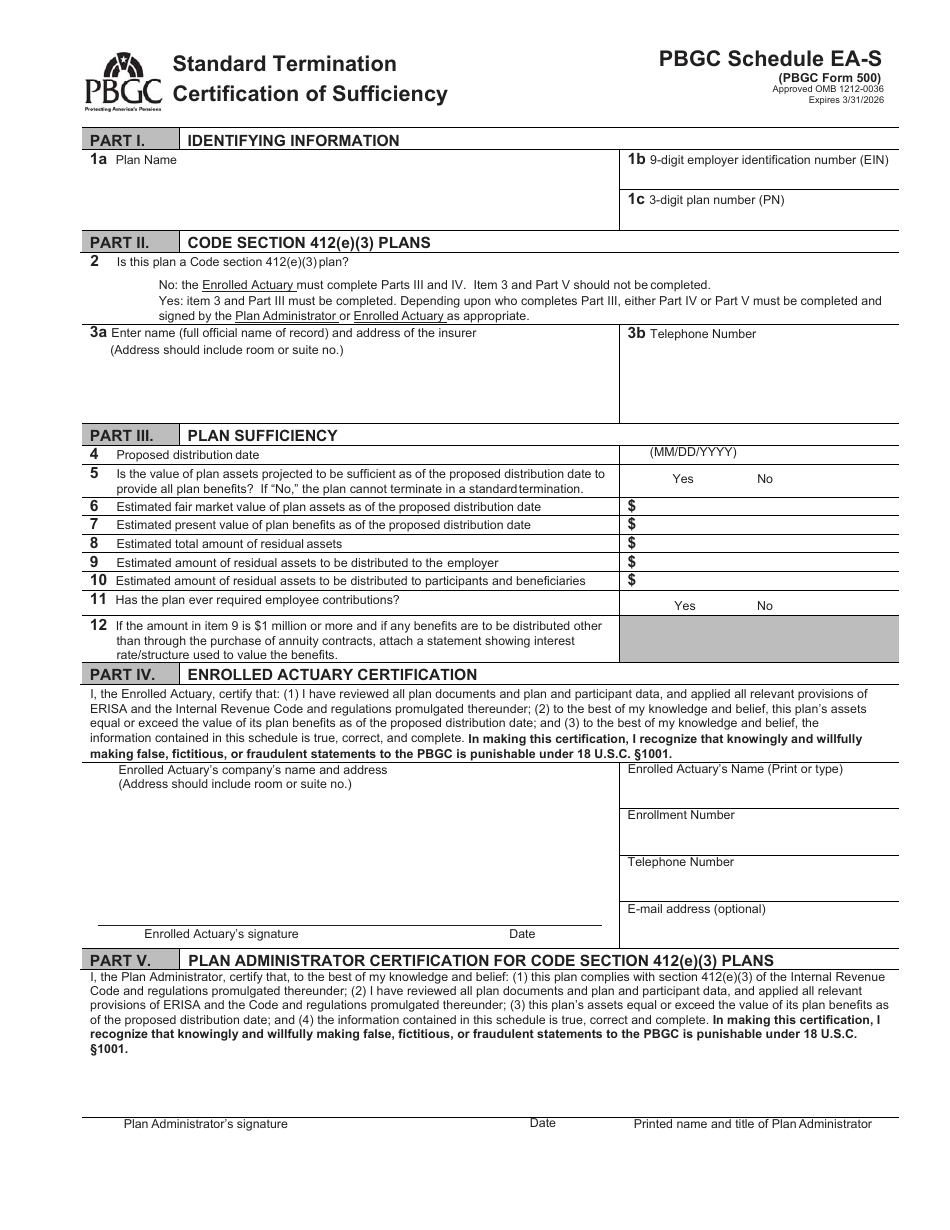 PBGC Form 500 Schedule EA-S Standard Termination Certification of Sufficiency, Page 1
