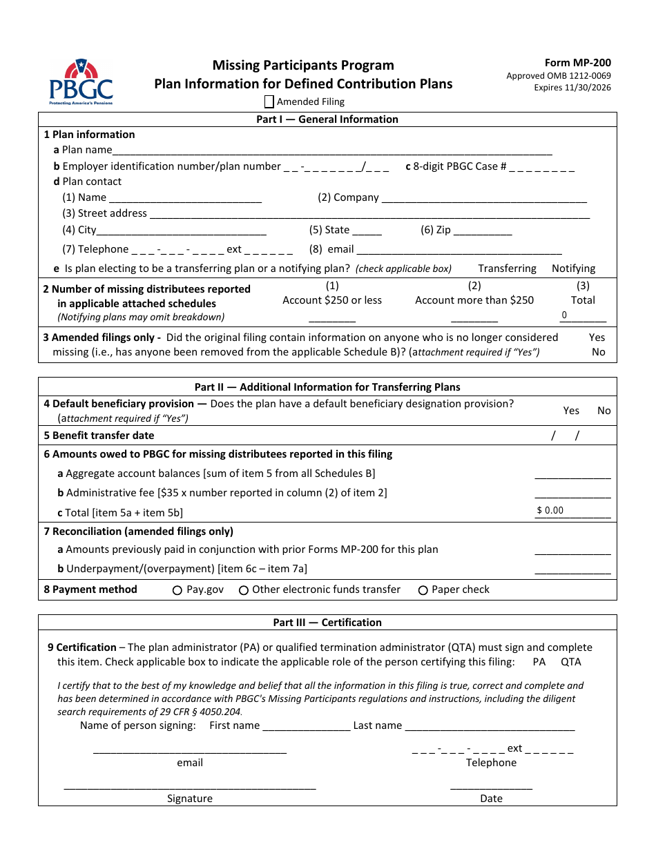 Form MP-200 Plan Information for Defined Contribution Plans - Missing Participants Program, Page 1