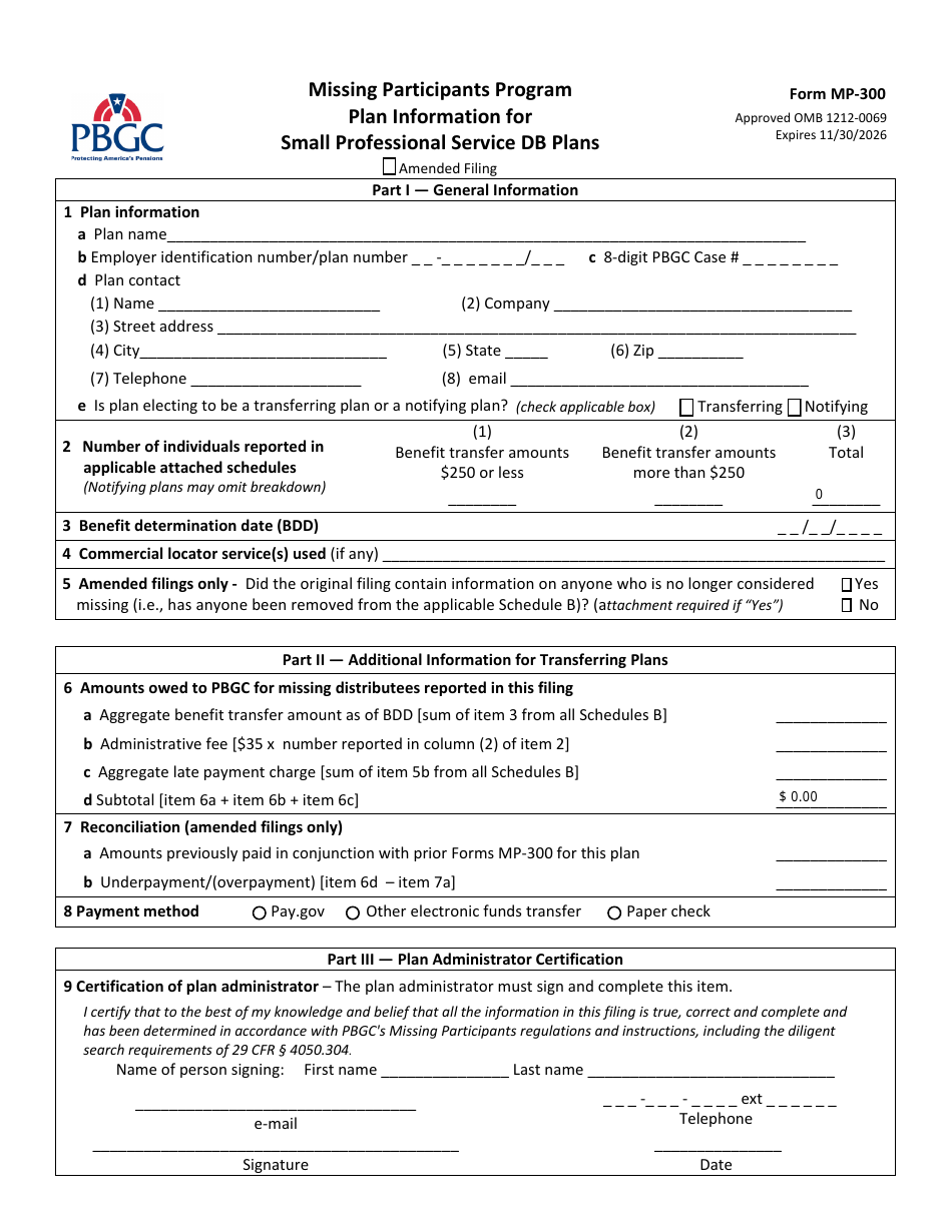 Form MP-300 Plan Information for Small Professional Service Db Plans - Missing Participants Program, Page 1