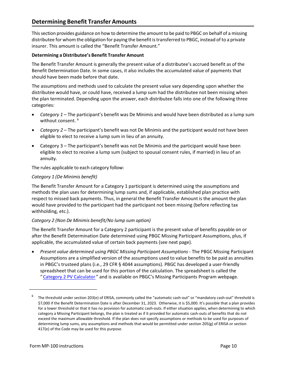 Instructions for Form MP-100 Plan Information for Single-Employer Db Plans Insured by PBGC - Missing Participants Program, Page 10