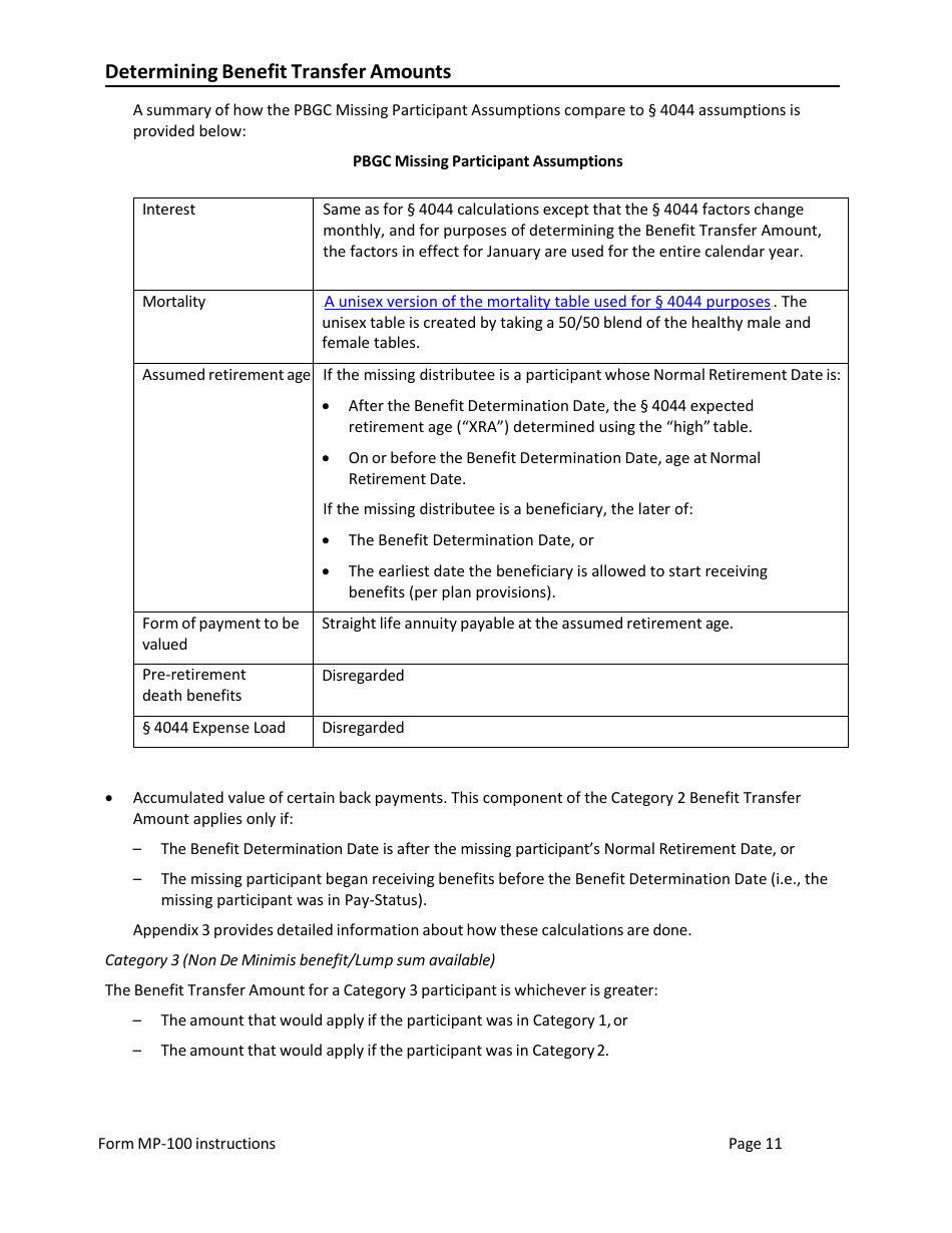 Instructions for Form MP-100 Plan Information for Single-Employer Db Plans Insured by PBGC - Missing Participants Program, Page 11