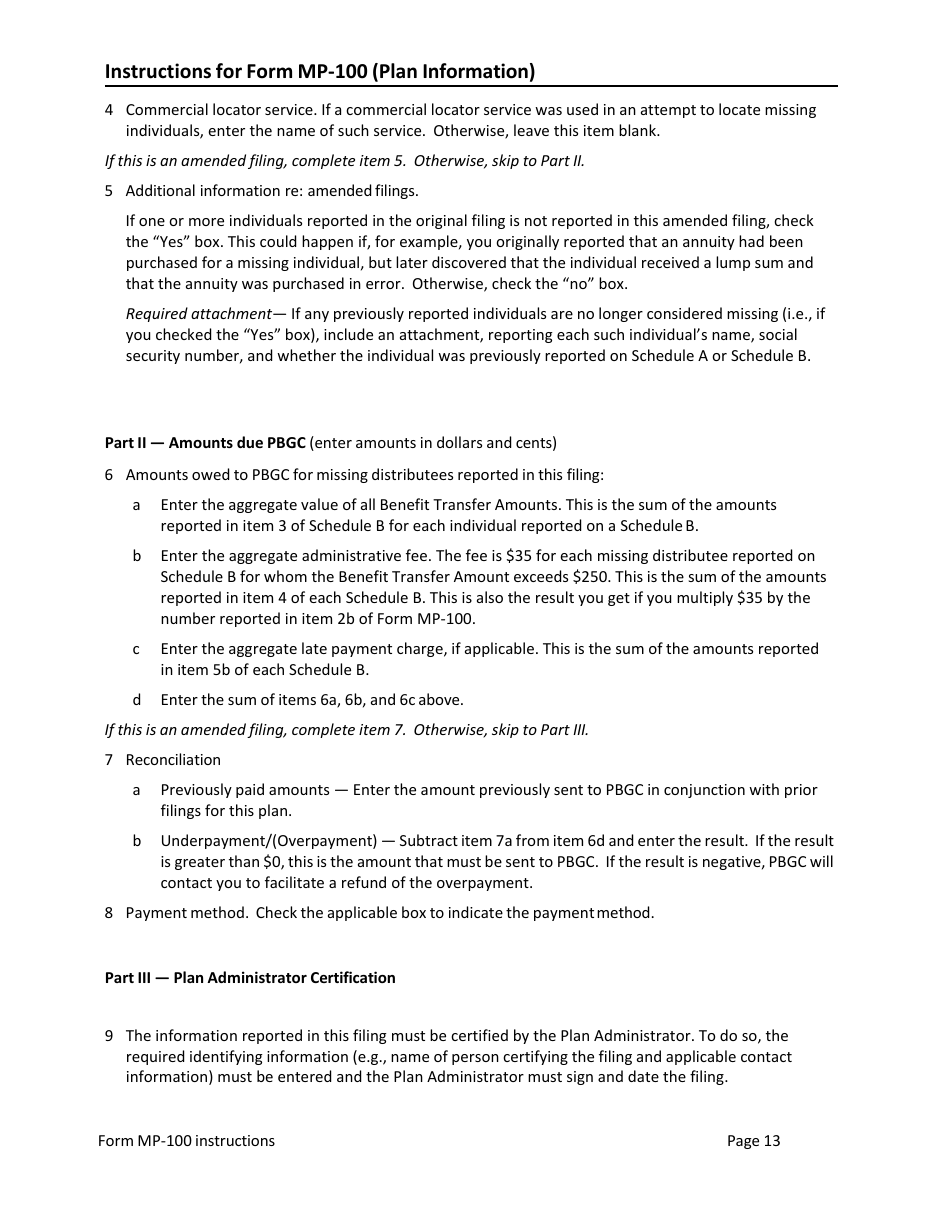 Instructions for Form MP-100 Plan Information for Single-Employer Db Plans Insured by PBGC - Missing Participants Program, Page 13