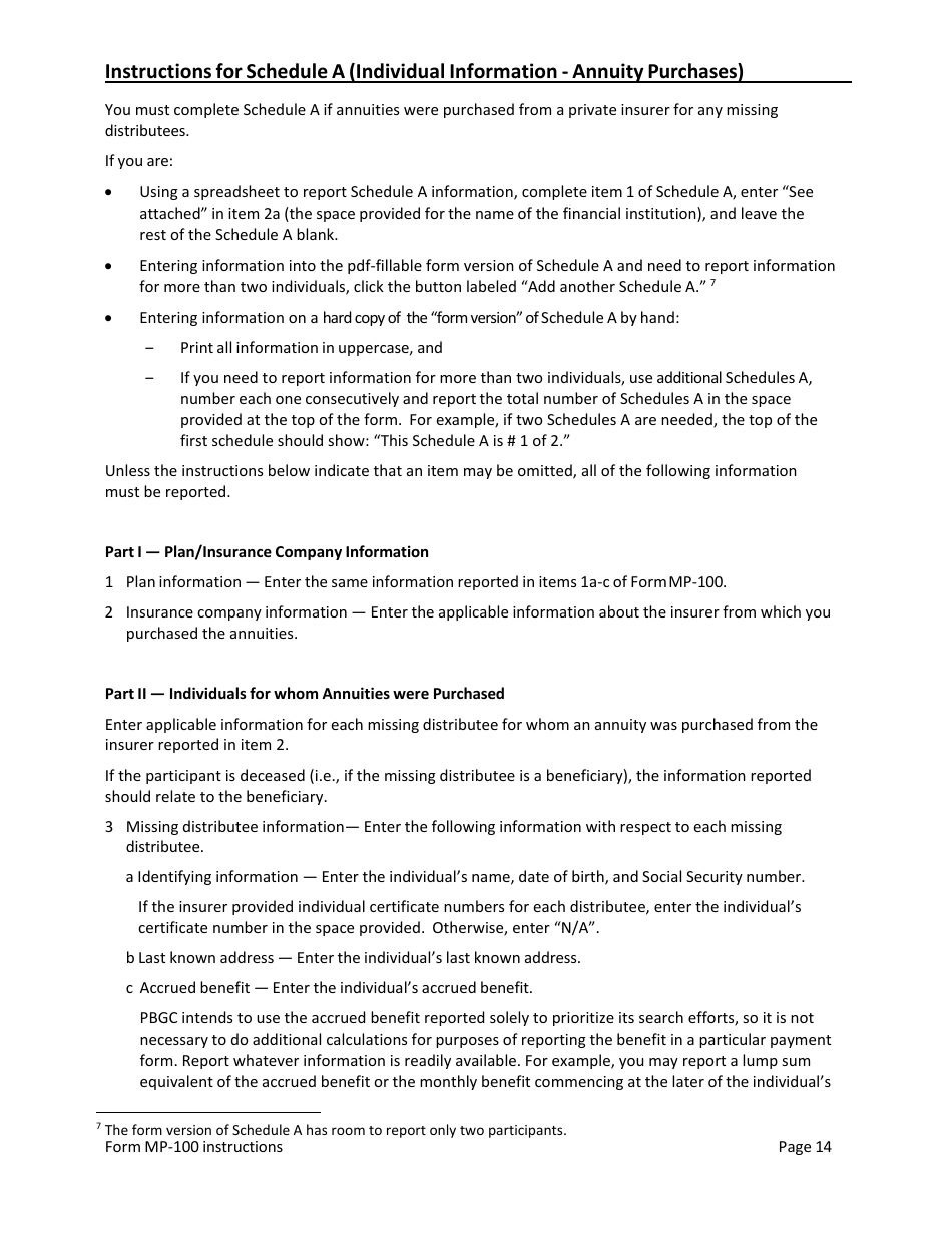 Instructions for Form MP-100 Plan Information for Single-Employer Db Plans Insured by PBGC - Missing Participants Program, Page 14
