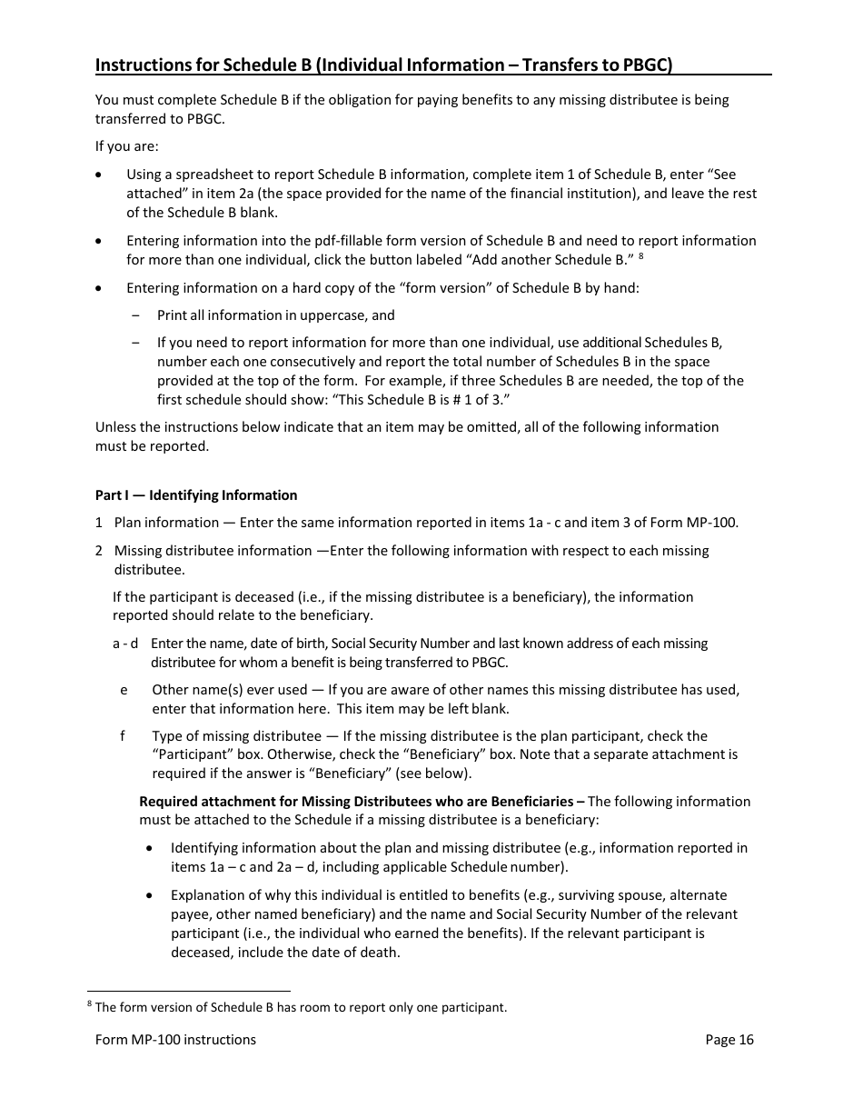 Instructions for Form MP-100 Plan Information for Single-Employer Db Plans Insured by PBGC - Missing Participants Program, Page 16