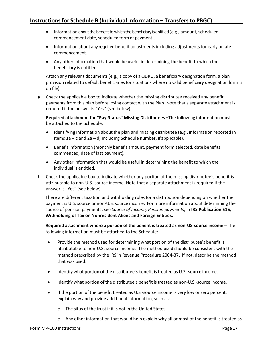Instructions for Form MP-100 Plan Information for Single-Employer Db Plans Insured by PBGC - Missing Participants Program, Page 17