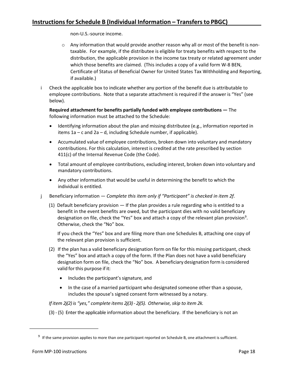 Instructions for Form MP-100 Plan Information for Single-Employer Db Plans Insured by PBGC - Missing Participants Program, Page 18