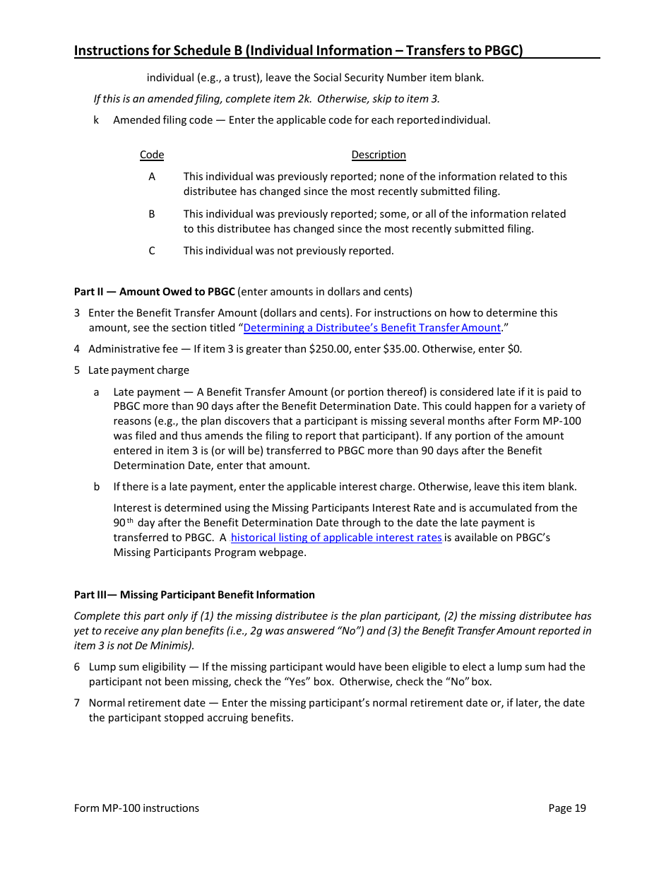 Instructions for Form MP-100 Plan Information for Single-Employer Db Plans Insured by PBGC - Missing Participants Program, Page 19