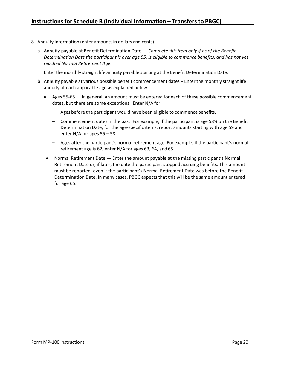 Instructions for Form MP-100 Plan Information for Single-Employer Db Plans Insured by PBGC - Missing Participants Program, Page 20