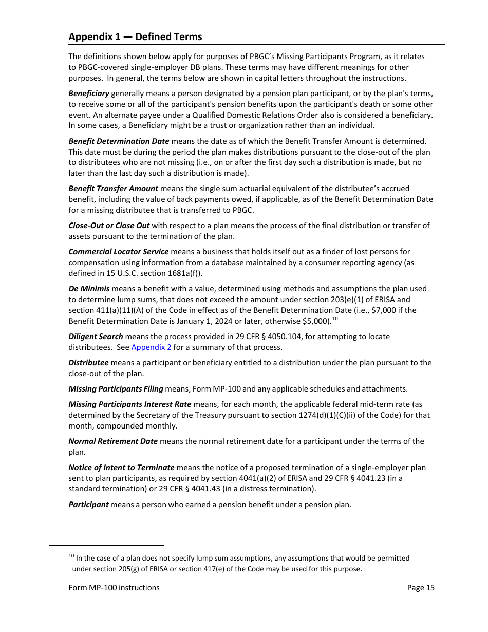 Instructions for Form MP-100 Plan Information for Single-Employer Db Plans Insured by PBGC - Missing Participants Program, Page 21