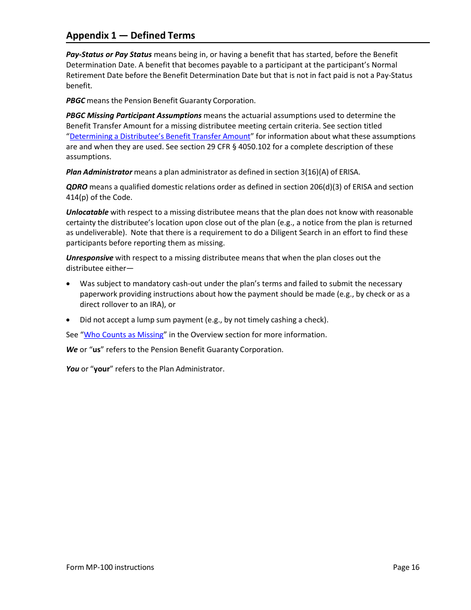 Instructions for Form MP-100 Plan Information for Single-Employer Db Plans Insured by PBGC - Missing Participants Program, Page 22