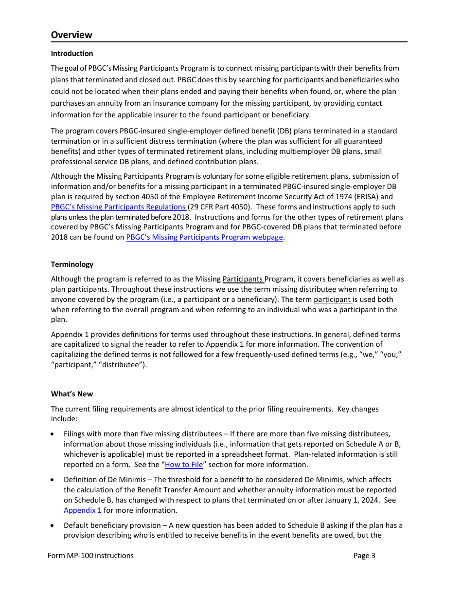 Instructions for Form MP-100 Plan Information for Single-Employer Db Plans Insured by PBGC - Missing Participants Program, Page 3