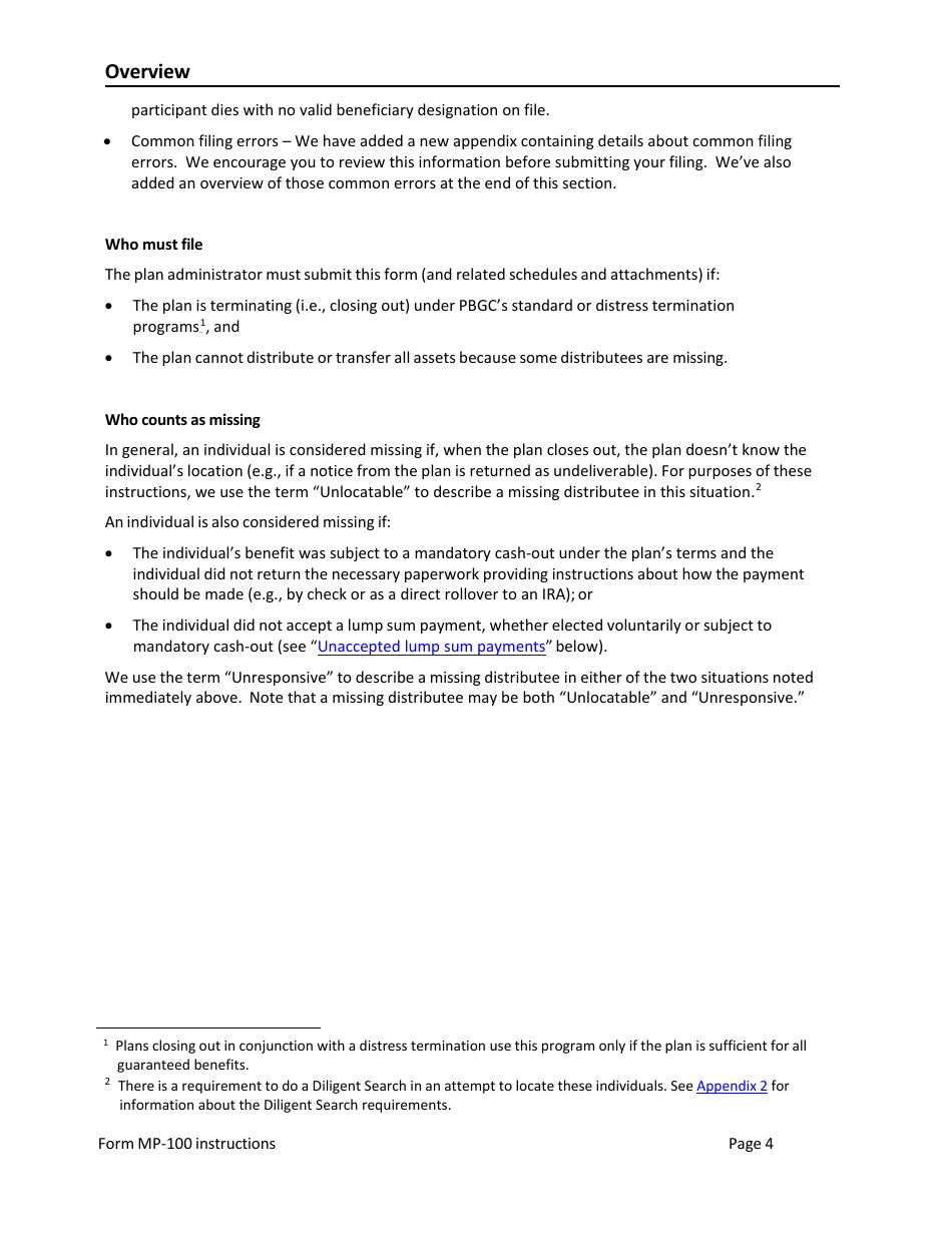 Instructions for Form MP-100 Plan Information for Single-Employer Db Plans Insured by PBGC - Missing Participants Program, Page 4