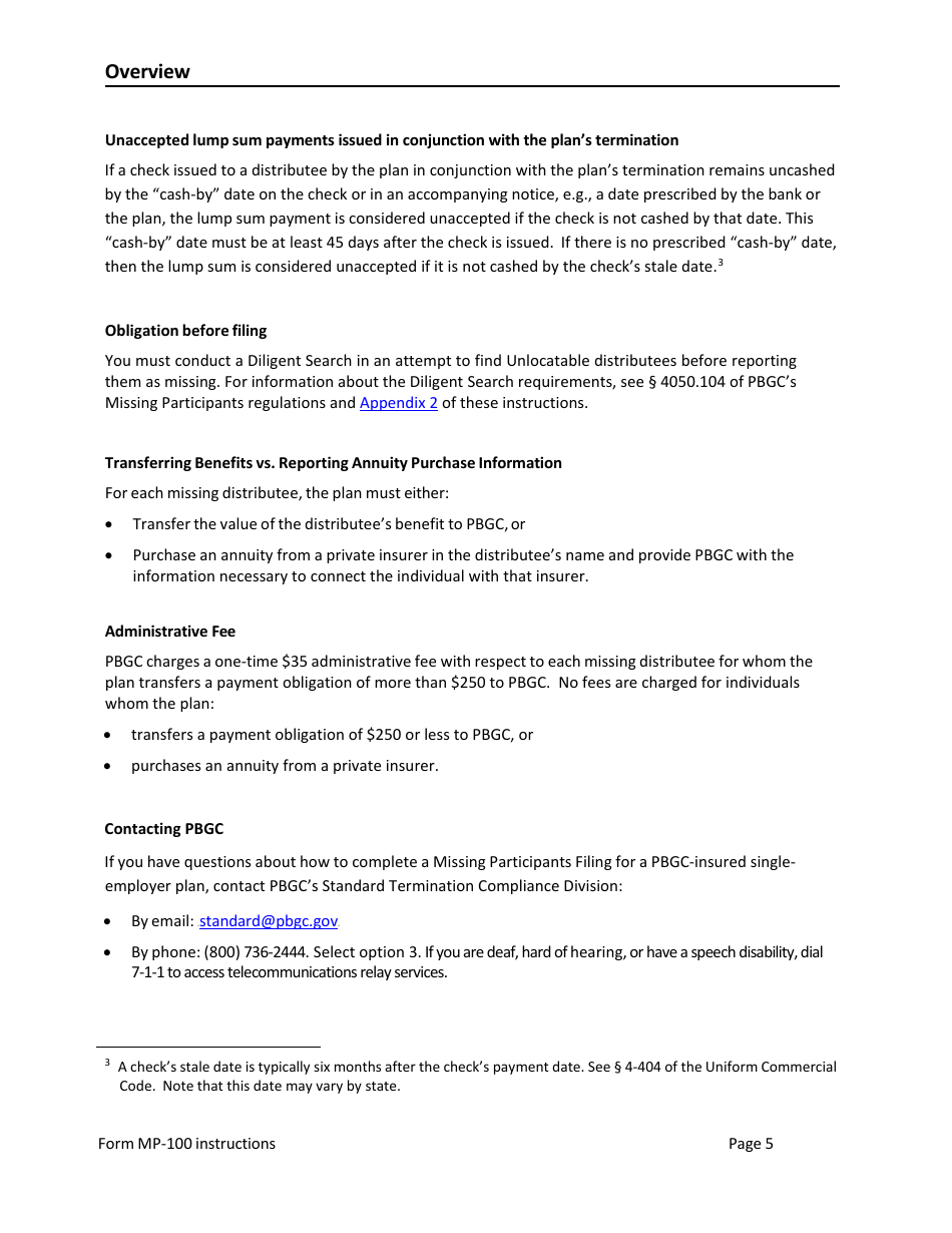 Instructions for Form MP-100 Plan Information for Single-Employer Db Plans Insured by PBGC - Missing Participants Program, Page 5