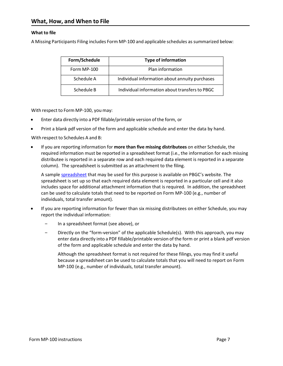 Instructions for Form MP-100 Plan Information for Single-Employer Db Plans Insured by PBGC - Missing Participants Program, Page 7