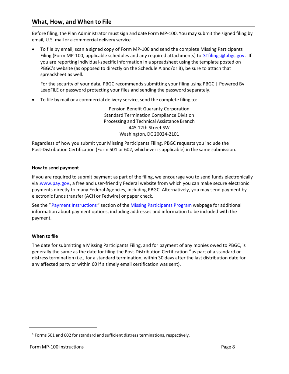 Instructions for Form MP-100 Plan Information for Single-Employer Db Plans Insured by PBGC - Missing Participants Program, Page 8