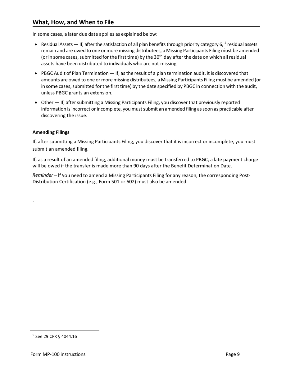 Instructions for Form MP-100 Plan Information for Single-Employer Db Plans Insured by PBGC - Missing Participants Program, Page 9
