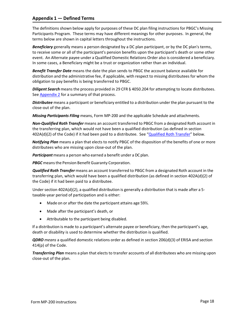 Instructions for Form MP-200 Plan Information for Defined Contribution Plans - Missing Participants Program, Page 18