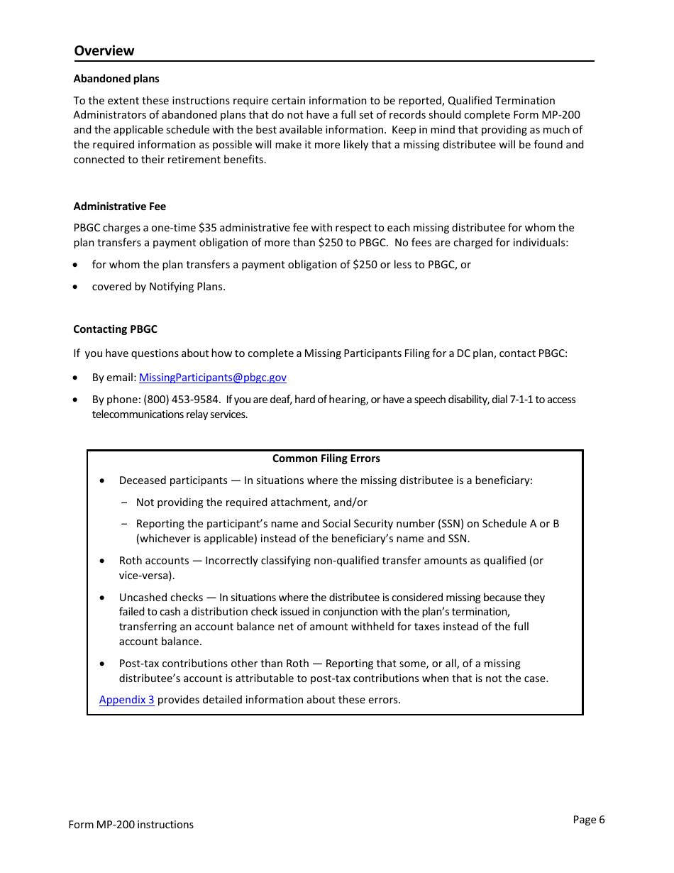 Instructions for Form MP-200 Plan Information for Defined Contribution Plans - Missing Participants Program, Page 6
