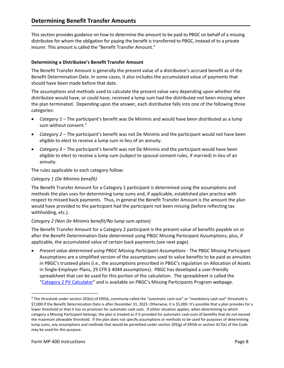 Instructions for Form MP-400 Plan Information for Multiemployer Db Plans Insured by PBGC - Missing Participants Program, Page 10