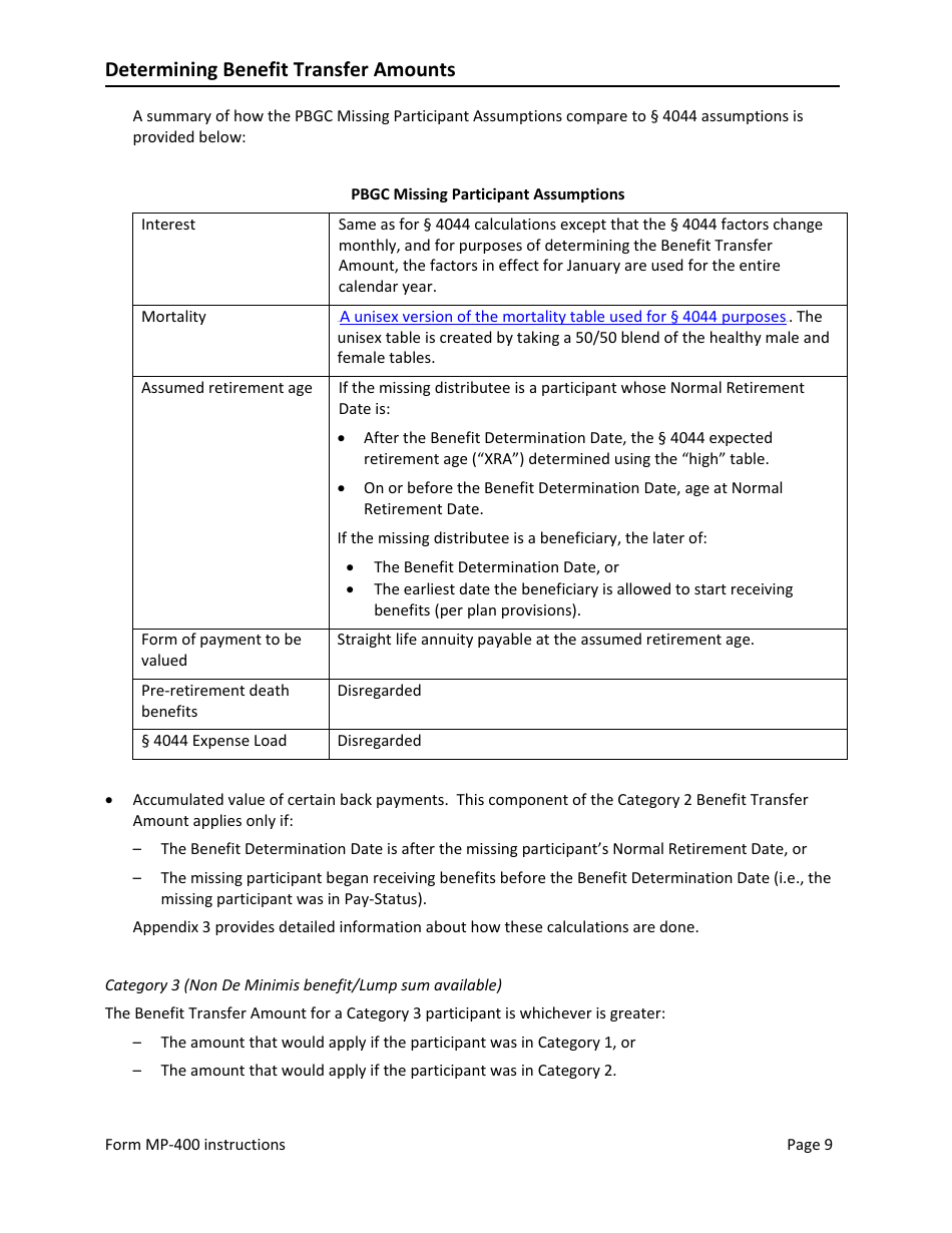Instructions for Form MP-400 Plan Information for Multiemployer Db Plans Insured by PBGC - Missing Participants Program, Page 11