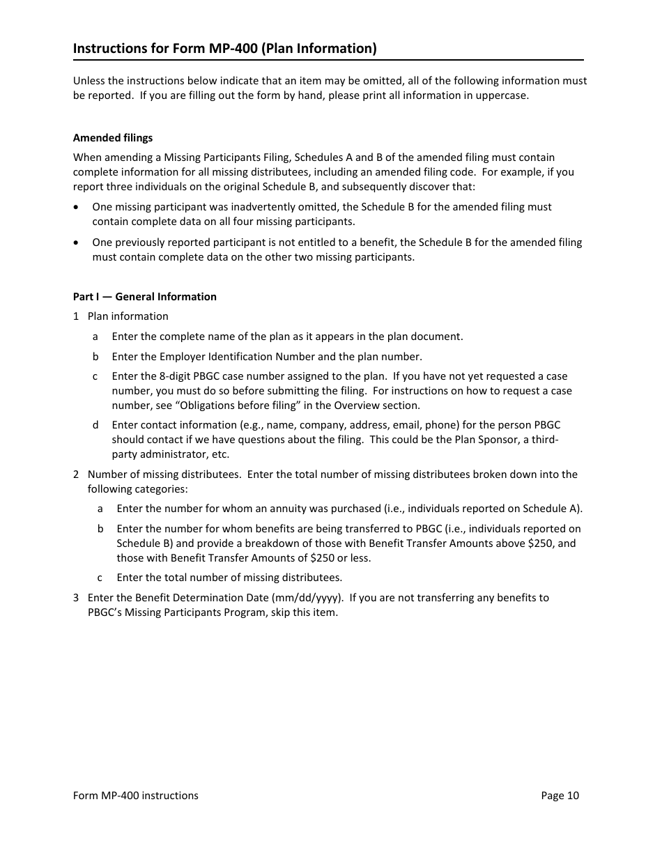 Instructions for Form MP-400 Plan Information for Multiemployer Db Plans Insured by PBGC - Missing Participants Program, Page 12