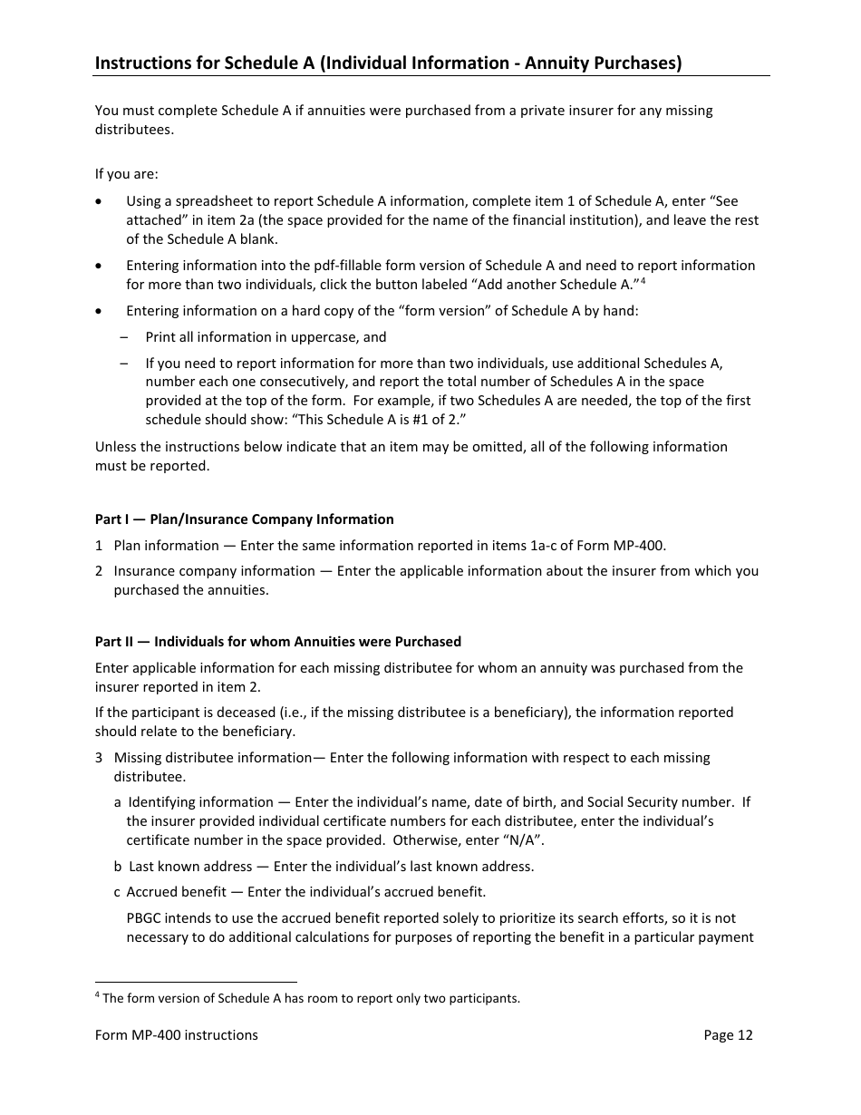 Instructions for Form MP-400 Plan Information for Multiemployer Db Plans Insured by PBGC - Missing Participants Program, Page 14