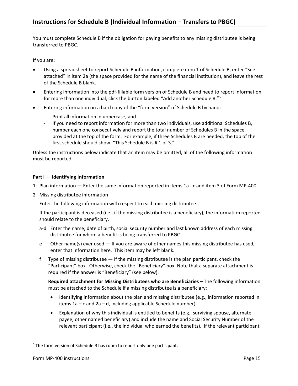 Instructions for Form MP-400 Plan Information for Multiemployer Db Plans Insured by PBGC - Missing Participants Program, Page 17