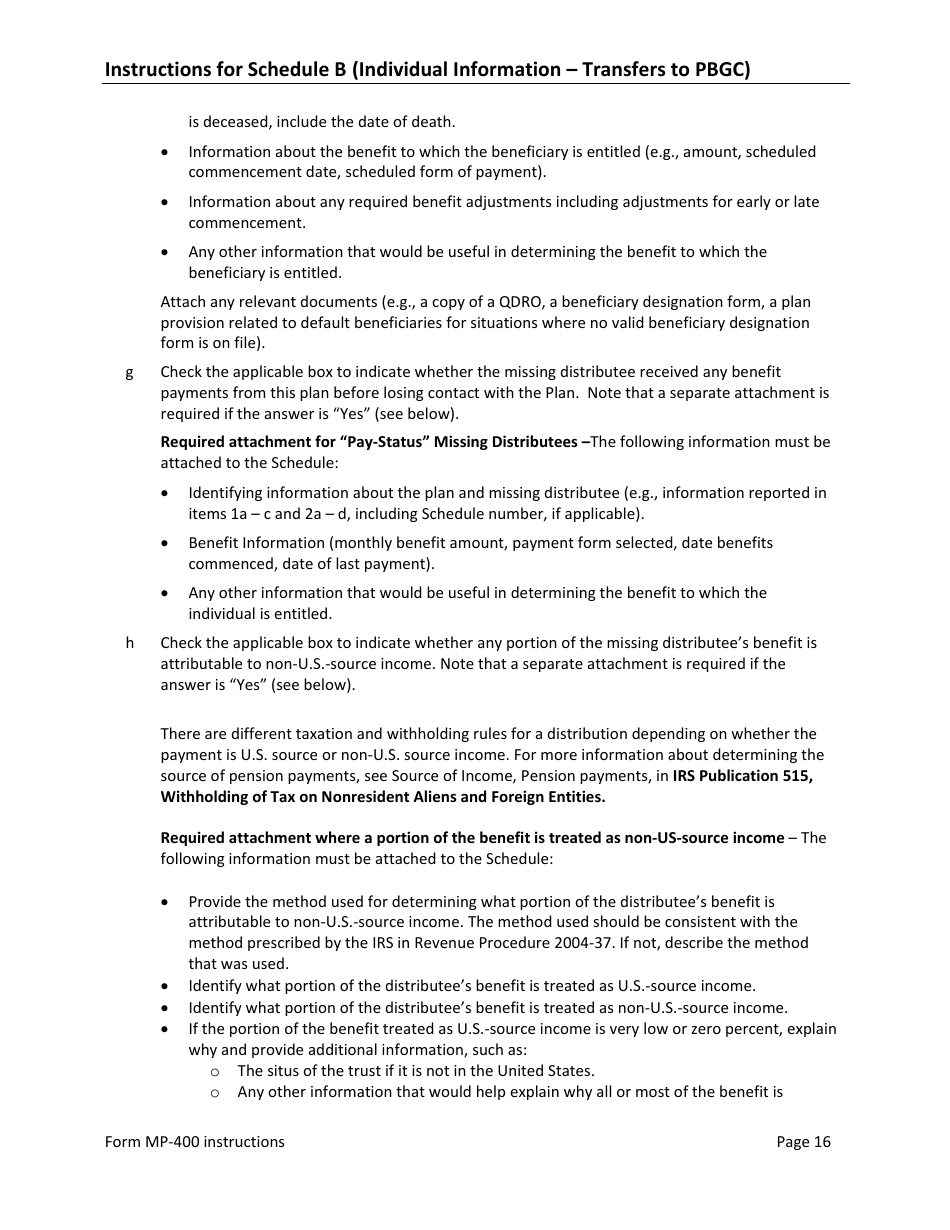 Instructions for Form MP-400 Plan Information for Multiemployer Db Plans Insured by PBGC - Missing Participants Program, Page 18