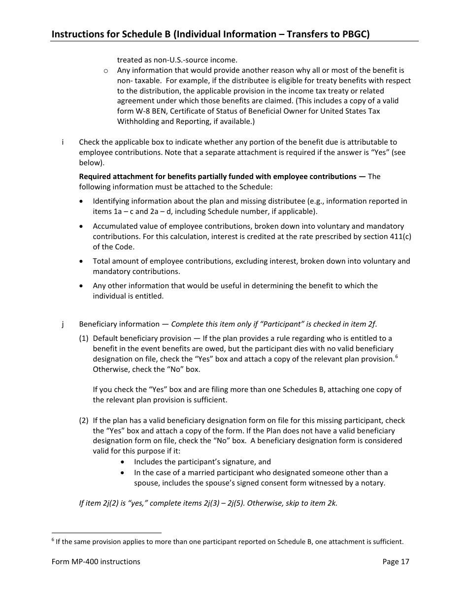Instructions for Form MP-400 Plan Information for Multiemployer Db Plans Insured by PBGC - Missing Participants Program, Page 19