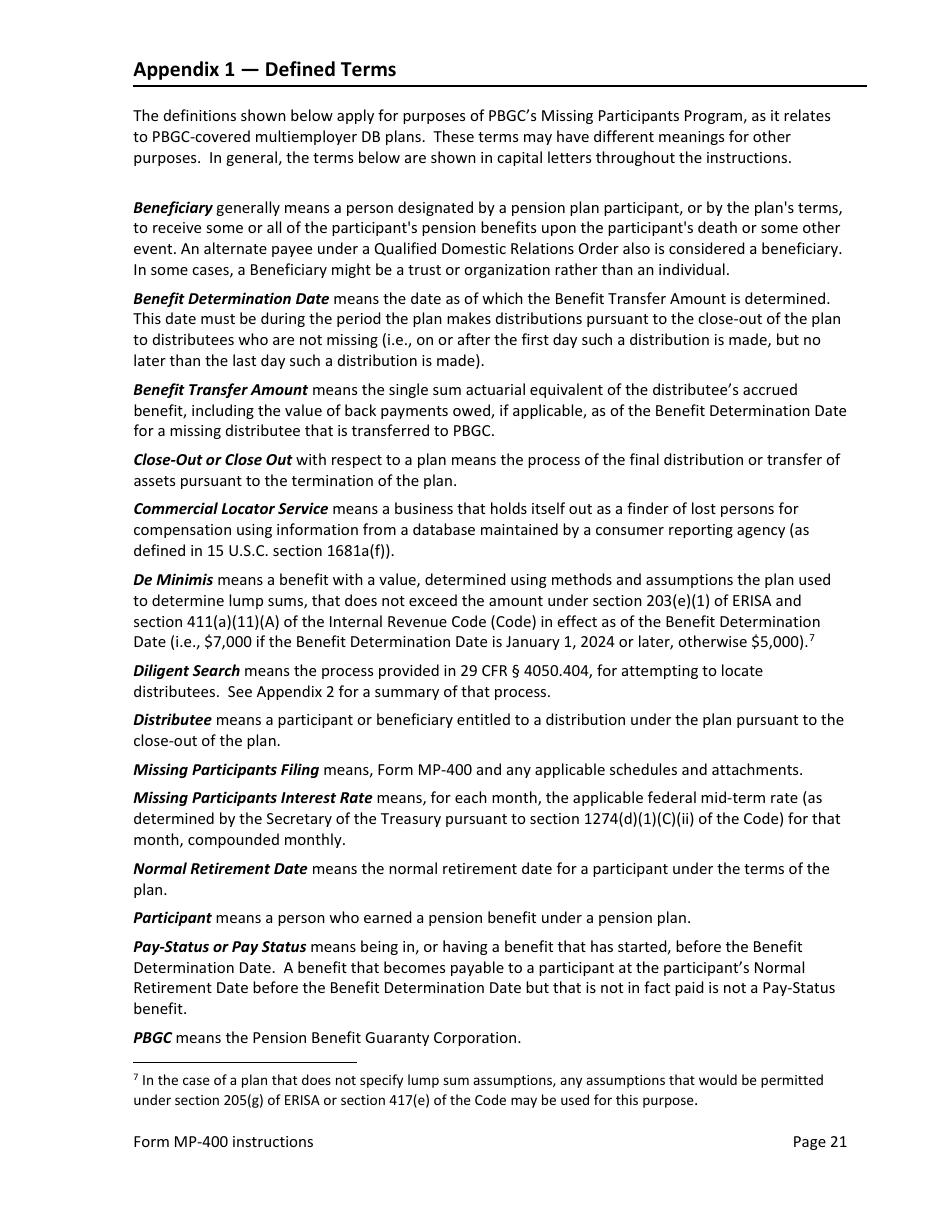 Instructions for Form MP-400 Plan Information for Multiemployer Db Plans Insured by PBGC - Missing Participants Program, Page 23