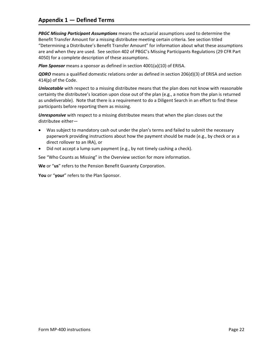 Instructions for Form MP-400 Plan Information for Multiemployer Db Plans Insured by PBGC - Missing Participants Program, Page 24