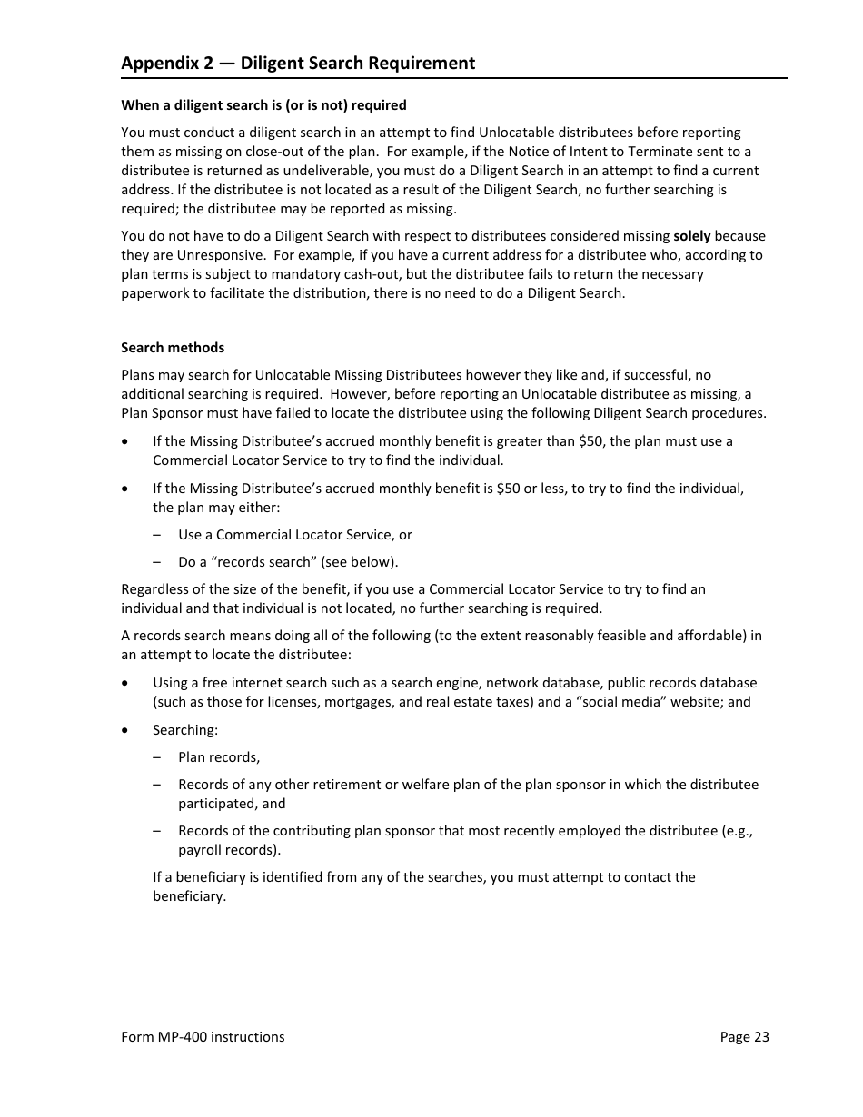 Instructions for Form MP-400 Plan Information for Multiemployer Db Plans Insured by PBGC - Missing Participants Program, Page 25