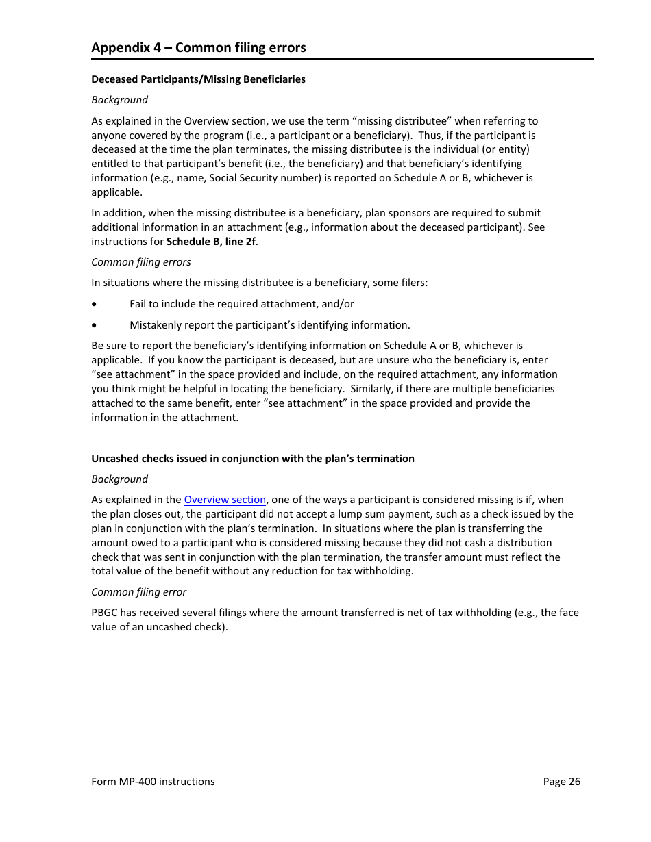 Instructions for Form MP-400 Plan Information for Multiemployer Db Plans Insured by PBGC - Missing Participants Program, Page 28