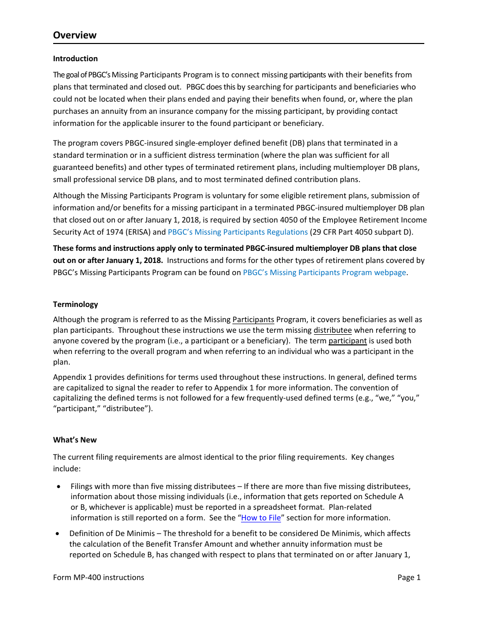 Instructions for Form MP-400 Plan Information for Multiemployer Db Plans Insured by PBGC - Missing Participants Program, Page 3