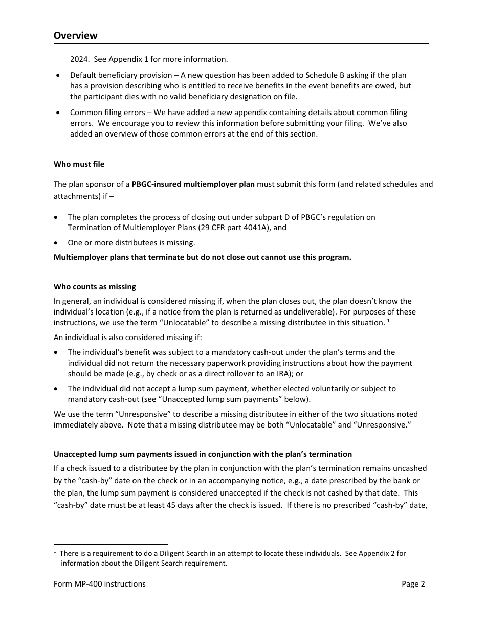 Instructions for Form MP-400 Plan Information for Multiemployer Db Plans Insured by PBGC - Missing Participants Program, Page 4