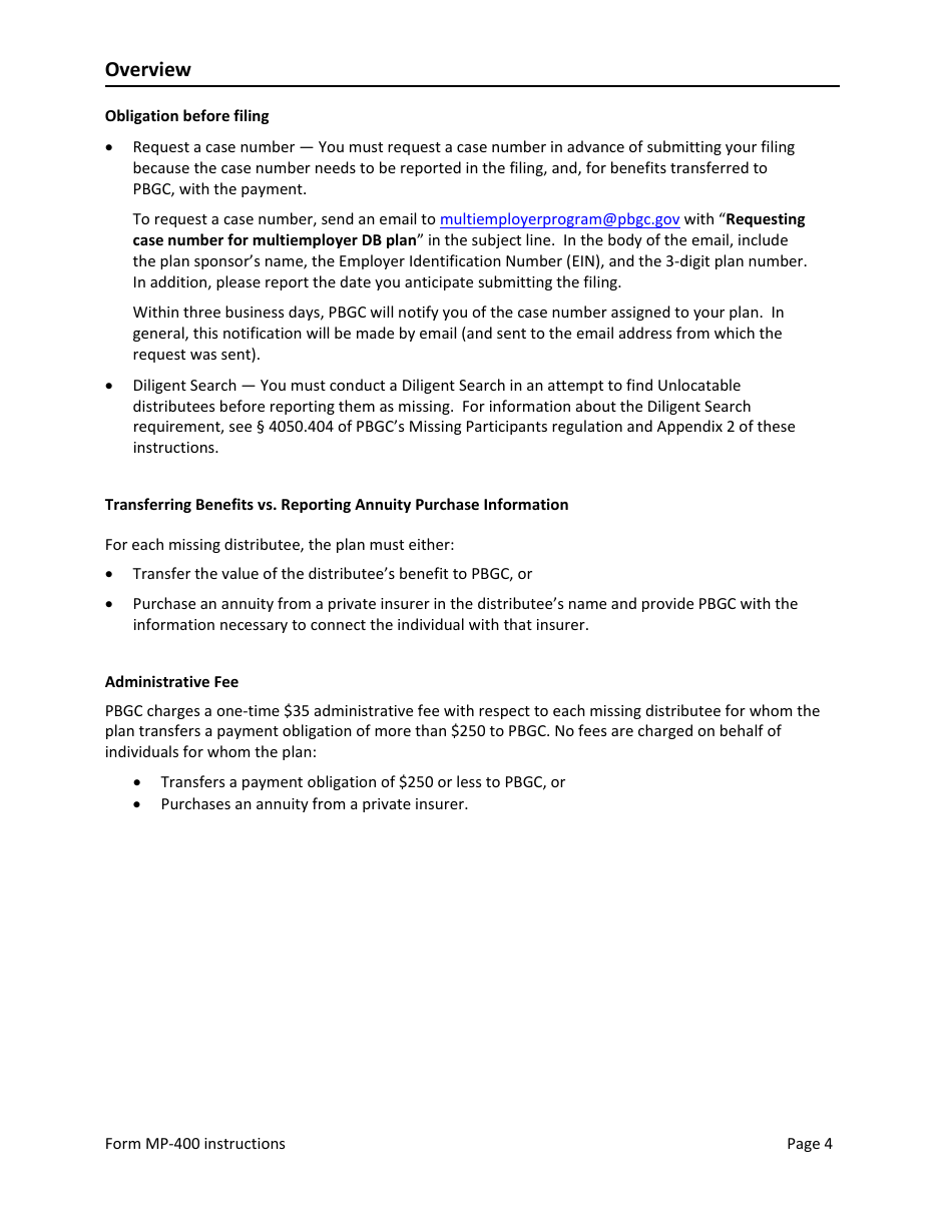 Instructions for Form MP-400 Plan Information for Multiemployer Db Plans Insured by PBGC - Missing Participants Program, Page 6