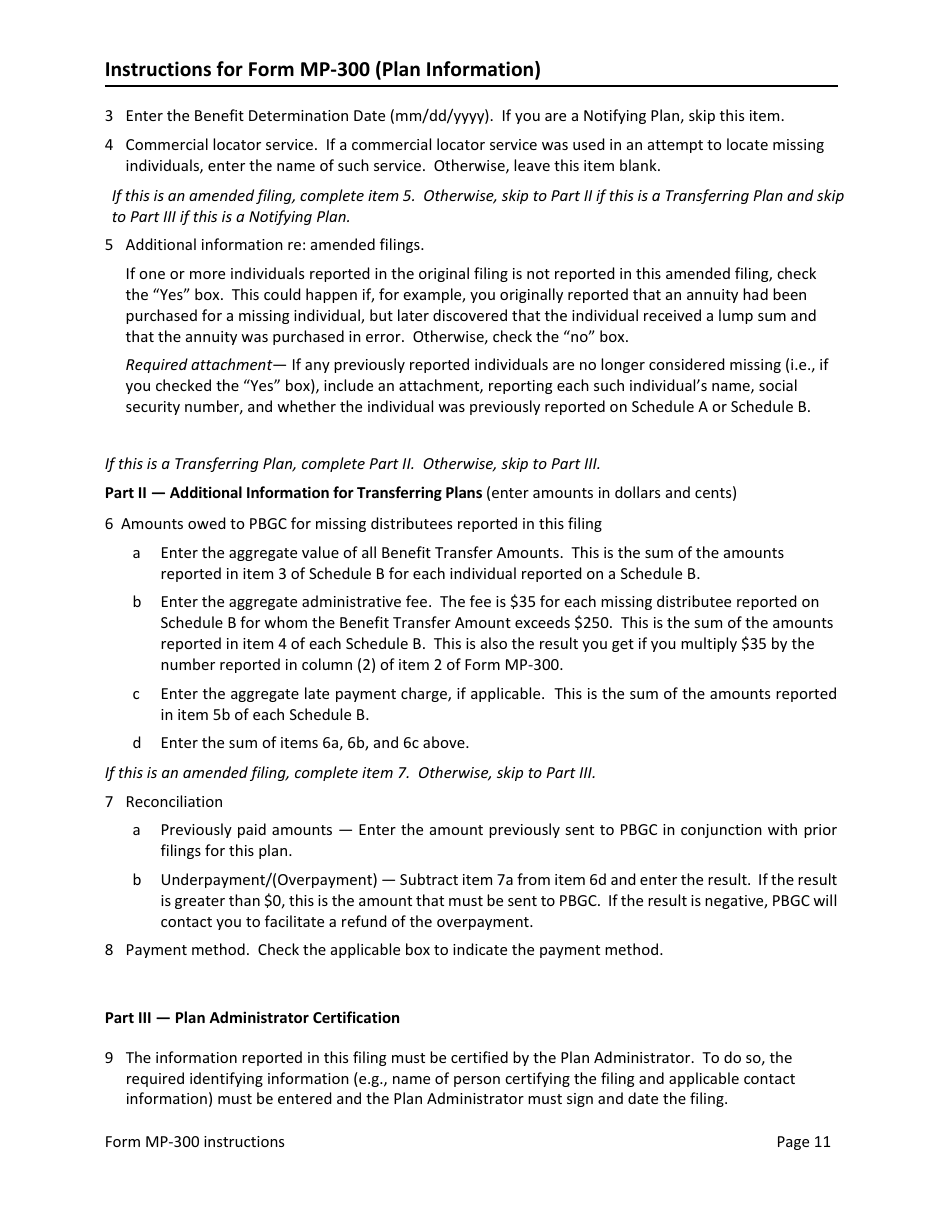 Instructions for Form MP-300 Plan Information for Small Professional Service Db Plans - Missing Participants Program, Page 13