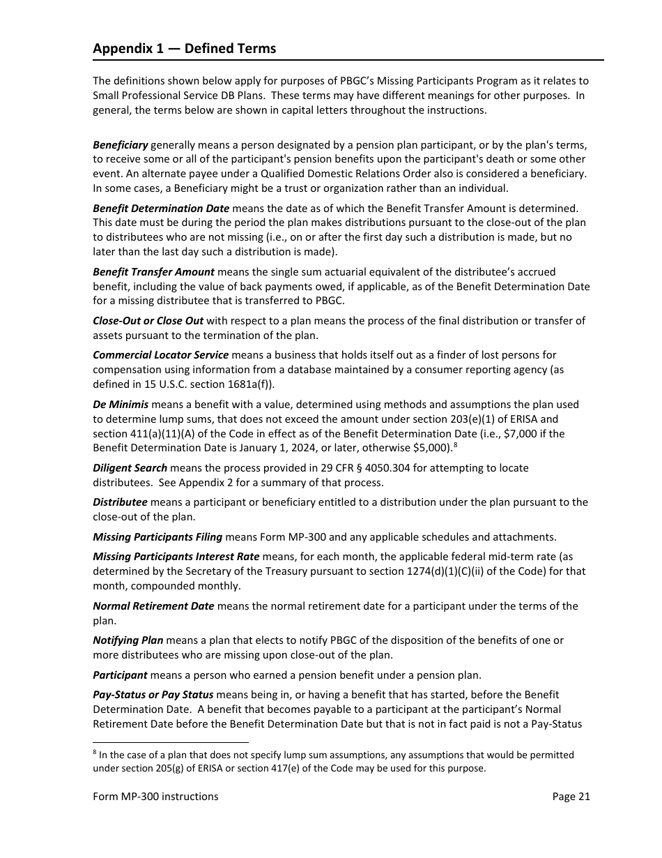 Instructions for Form MP-300 Plan Information for Small Professional Service Db Plans - Missing Participants Program, Page 23