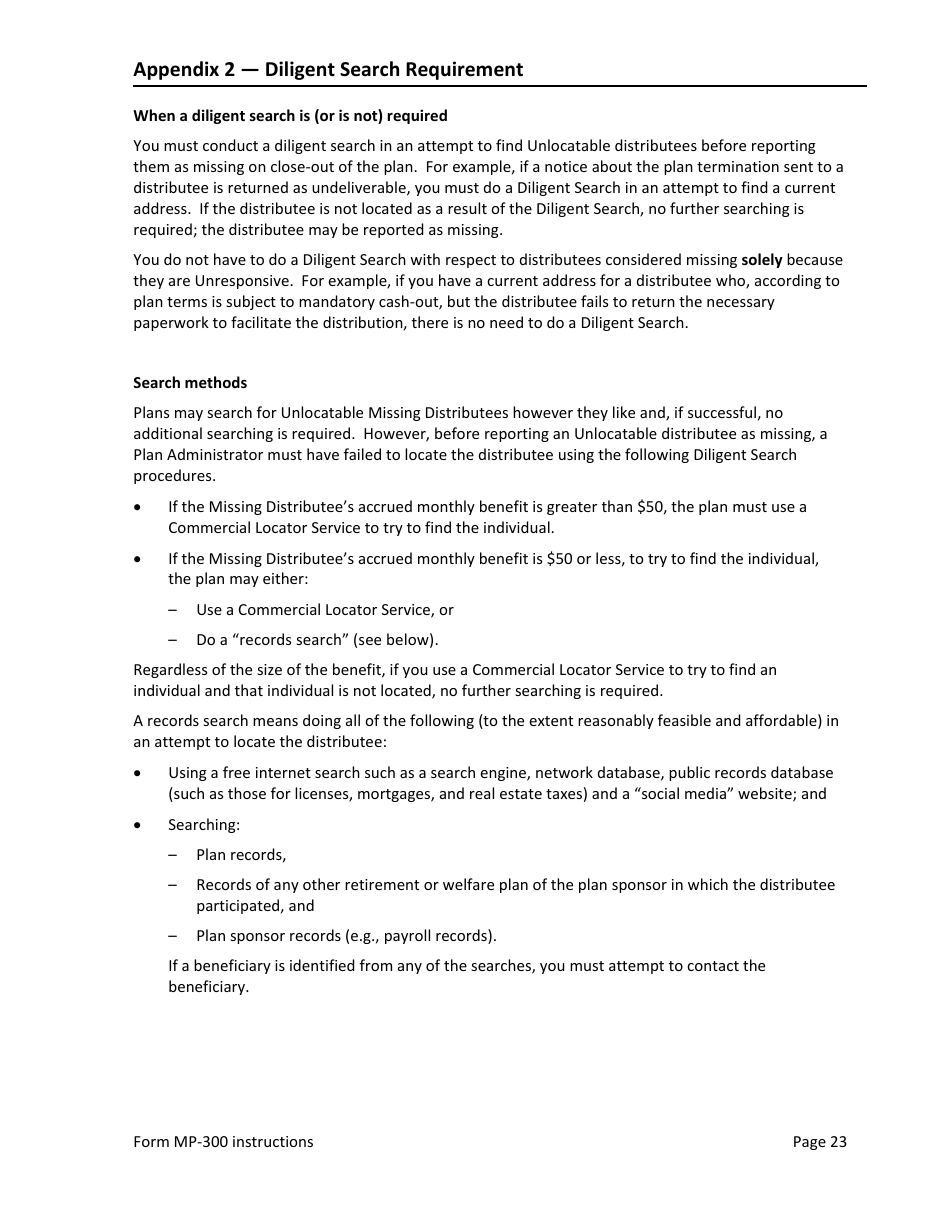 Instructions for Form MP-300 Plan Information for Small Professional Service Db Plans - Missing Participants Program, Page 25